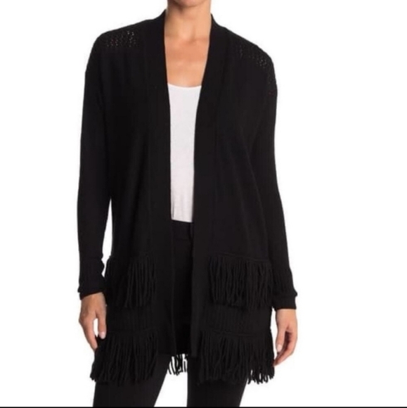 Rebecca Taylor Sweaters - Rebecca Taylor Black Fringe Open Front Open Knit Long Lines Cardigan Siz…